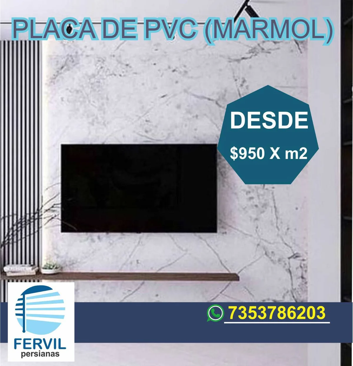 Placa PVC tipo mármol en muro de televisión